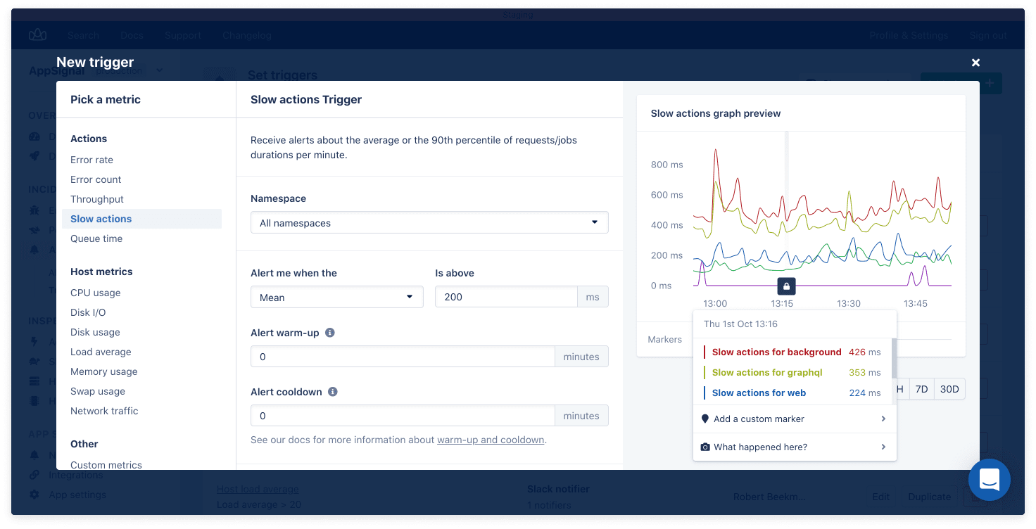Screenshot of graph preview feature in trigger form in AppSignal